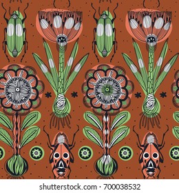  vector floral seamless pattern with decorative tulips and bugs