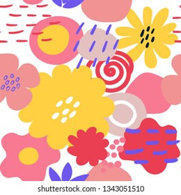 Vector floral seamless pattern for design textile or decor. Hand drawn style with flowers and leaves on white background greeting card template.