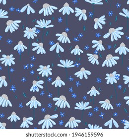 Vector floral seamless pattern design. chamomile, daisies flowers with leaves .  texture for kids fabric, packaging, wrappers.