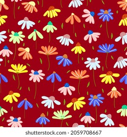 Vector floral seamless pattern design. chamomile, daisies flowers with leaves .  texture for kids fabric, packaging, wrappers.