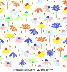 Vector floral seamless pattern design. chamomile, daisies flowers with leaves .  texture for kids fabric, packaging, wrappers.