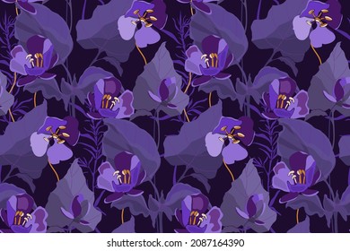 Vector floral seamless pattern. Design with flowers and leaves in purple tones. Floral background for fabrics, banners, postcards and more.
