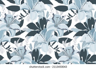 Vector floral seamless pattern. Design with blue lily flowers and leaves isolated on a white background. Repeating floral elements for wallpapers, fabrics, banners and more.