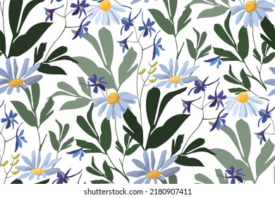Vector floral seamless pattern. Design with wild and meadow flowers and herbs on a white background. Floral illustration for decorating surfaces, wallpapers, cards and more.