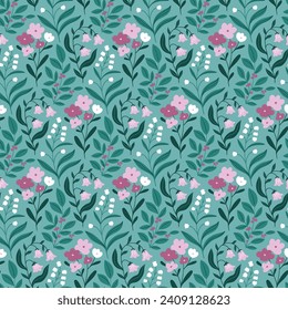 Vector floral seamless pattern design. Stylized flowers on green background. Vector natural seamless texture. Botanical illustrated print in hand-drawn style.