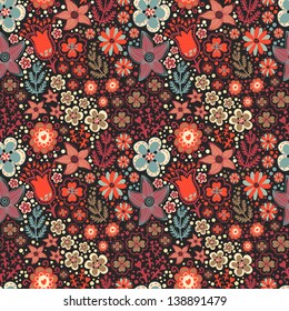 Vector floral seamless pattern with different flowers on the dark background