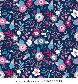 Vector floral seamless pattern with different flowers and leaves. Elegant repeated texture with blooming plants. Natural print for fabric, wallpaper, and wrapping paper. Botanical design.