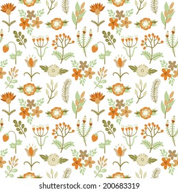 Vector floral seamless pattern with different flowers, berries, branches and leaves. Natural vintage backdrop