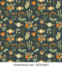 Vector floral seamless pattern with different flowers, berries, branches and leaves. Natural dark vintage backdrop