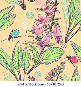 vector floral seamless pattern with digitalis and colorful bugs