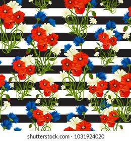 Vector floral seamless pattern in doodle style with flowers and leaves. Gentle, spring/summer floral background.