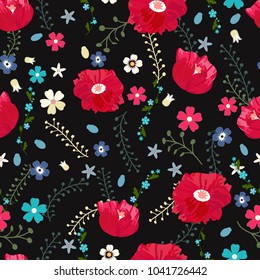 Vector floral  seamless pattern in doodle style with flowers and leaves. Gentle, spring, summer floral background.