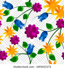 Vector floral  seamless pattern in doodle style with flowers and  leaves   . Gentle, spring or summer floral background. Watercolor style. Elements are located under the mask.