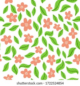 Vector floral seamless pattern in doodle style with pink flowers and leaves. Gentle, spring floral background in simple style.