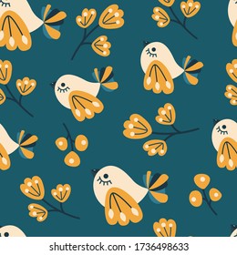Vector floral seamless pattern in doodle style. Bright illustration with birds and leaves. Background for wallpaper, greeting cards, invitations, prints and other designs.