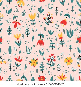 Vector floral seamless pattern in doodle style with flowers and leaves.Perfect for scrapbooking, wrapping paper, textile etc. Ditsy print.Spring floral background.Handdrawn illustration.