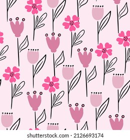Vector floral seamless pattern in doodle style with flowers and leaves. Gentle, spring floral background.