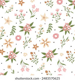 Vector floral seamless pattern in doodle style with cute flowers	