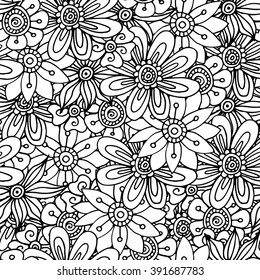 Vector floral seamless pattern. Doodle style. Coloring book page for adult.