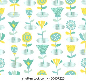 Vector floral seamless pattern in doodle style with flowers and leaves. Gentle, spring floral background.
