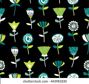 Vector floral seamless pattern in doodle style with flowers and leaves. Gentle, spring floral background.