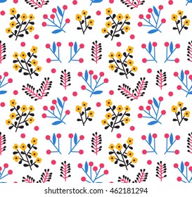 Vector floral seamless pattern in doodle style with flowers and leaves. Gentle, spring floral background.