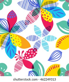 Vector floral seamless pattern in doodle style with flowers and leaves. Gentle, summer floral background.