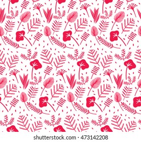 Vector floral seamless pattern in doodle style with flowers and leaves. Gentle, spring floral background.