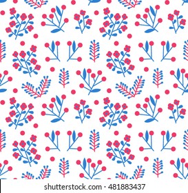 Vector floral seamless pattern in doodle style with flowers and leaves. Gentle, spring floral background.