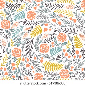 Vector Floral Seamless Pattern In Doodle Style With Flowers And Leaves. Gentle, Summer Floral Background.