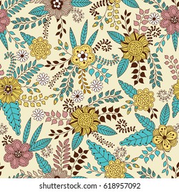 Vector floral seamless pattern in doodle style with flowers, leaves, berries, flower buds. Gentle, summer floral background.