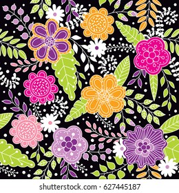 Vector floral seamless pattern in doodle style with flowers, leaves, berries, flower buds. Gentle, summer floral background.