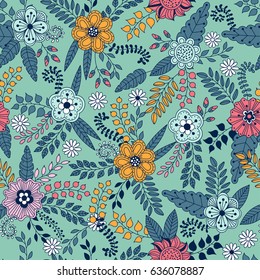 Vector floral seamless pattern in doodle style with flowers, leaves, berries, flower buds. Gentle, summer floral background.