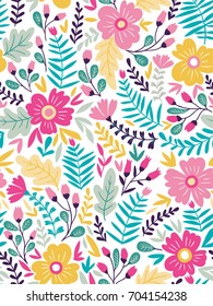 Vector floral seamless pattern in doodle style with flowers and leaves. Gentle, summer floral background.