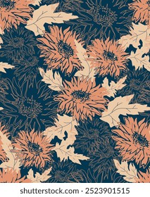 Vector floral sin fisuras tonos tierra con flores de otoño con crisantemos. Para el diseño textil, paquete, materia textil casera, tela, Fondo de pantalla, ropa de cama, telas de la ropa.