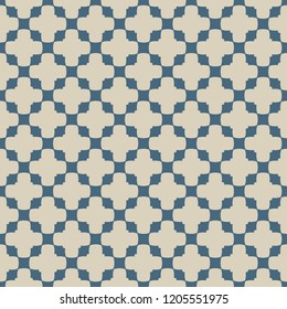 Vector floral seamless pattern. Elegant abstract ornament texture in blue and gold colors. Geometric background with small curved shapes, crosses, grid, lattice, repeat tiles. Golden luxury design