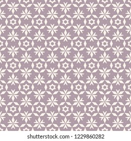 Vector floral seamless pattern. Elegant ornamental background in lilac and beige color. Subtle geometric texture with small flower shapes, leaves, stars. Repeat design for decor, textile, wallpapers