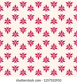 Vector floral seamless pattern. Elegant Christmas background. Red and white geometric texture with small flower shapes, leaves, triangles. Winter holiday ornament. Design for decoration, gift paper