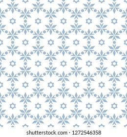 Vector floral seamless pattern. Elegant Christmas background. Light blue and white geometric texture with small flowers, snowflakes, stars, triangles. Winter holiday ornament. Design for decor, prints