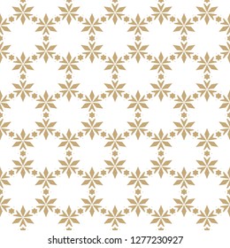 Vector floral seamless pattern. Elegant Christmas background. Golden geometric texture with small flowers, stars, leaves, triangles. Winter holiday ornament. Gold festive design for decor, gift paper