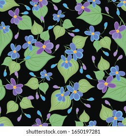 Vector floral seamless pattern. Elegant botanical background with viola plants, blue and purple flowers, leaves on black backdrop. Abstract ornament texture. Repeat design for print, wallpapers