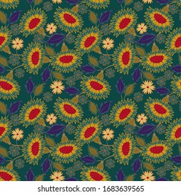 Vector floral seamless pattern. Elegant ornament with exotic fantasy flowers, leaves. Green, yellow, purple and red color. Ethnic folk style painting. Retro vintage background. Botanical wallpapers