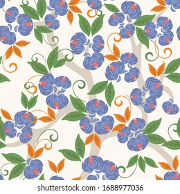 Vector floral seamless pattern. Elegant ornament with fantasy blue flowers in folk style, green and orange leaves on tree. Traditional ethnic painting.  Simple vintage background. Repeating design