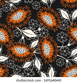 Vector floral seamless pattern. Elegant ornament with fantasy flowers, leaves. Ethnic folk style painting. Black, white and orange color. Simple vintage background. Repeat design for fabric, textile