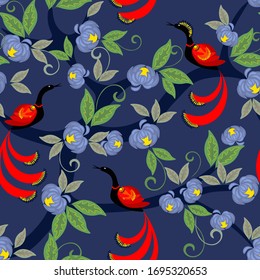 Vector floral seamless pattern. Elegant ornament with fantasy blue flowers, phoenix birds on tree. Traditional folk style painting. Hand drawn background. Repeating design for decor, textile, print