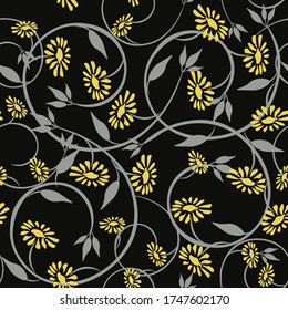 Vector floral seamless pattern. Elegant vintage ornament with small pretty flowers, branches, leaves, twigs. Liberty style millefleurs. Yellow, black and gray color. Abstract background. Repeat design