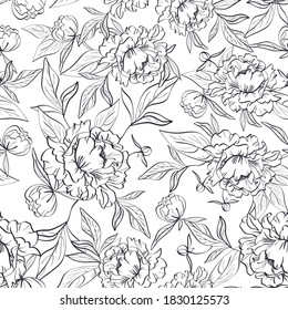 Vector floral seamless pattern with elegant white peony flowers, buds and leaves in line shape on white background