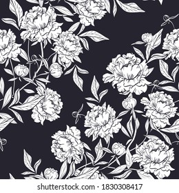 vector floral seamless pattern with elegant white peony flowers buds and leaves in line shape on black background