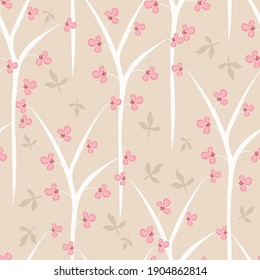 Vector floral seamless pattern. Elegant print texture with small flowers, leaves, branches, trees. Stylish botanical composition. Background in soft pastel colors, pink and beige. Repeatable design