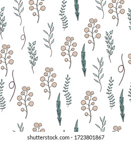 Vector floral seamless pattern, elements are isolated on white background in green and beige color for design of paper, textile, wrapping, Hand painted